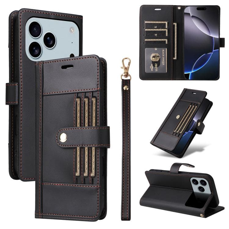 For iPhone 17 Pro Six Card Slots Buckle Leather Phone Case with Lanyard(Black) - Immagine 1