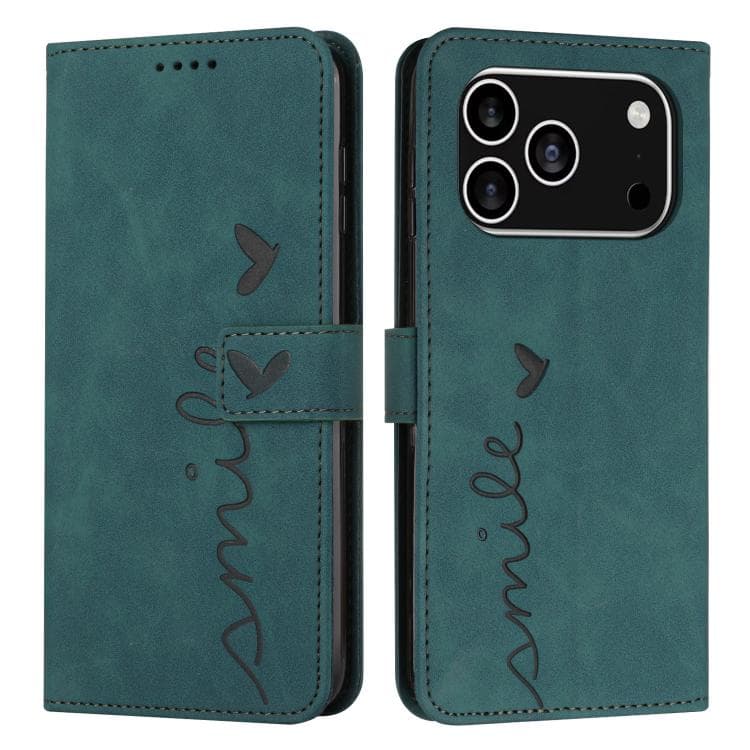For iPhone 17 Pro Skin Feel Heart Embossed Leather Phone Case with Long Lanyard(Green) - Immagine 1