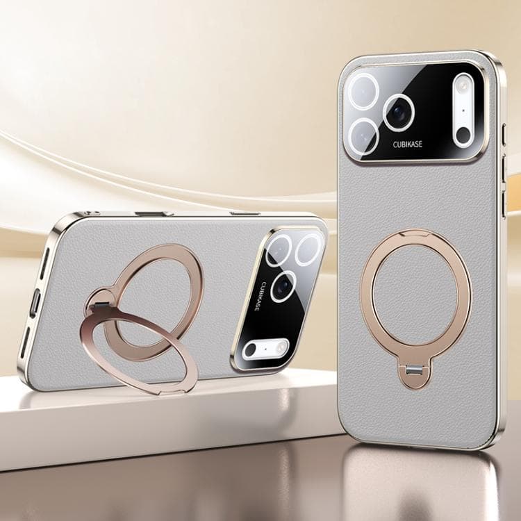 For iPhone 17 Pro Skin Feel Leather Texture Cooling MagSafe Phone Case with 360 Degrees Rotating Holder(Grey) - Immagine 1