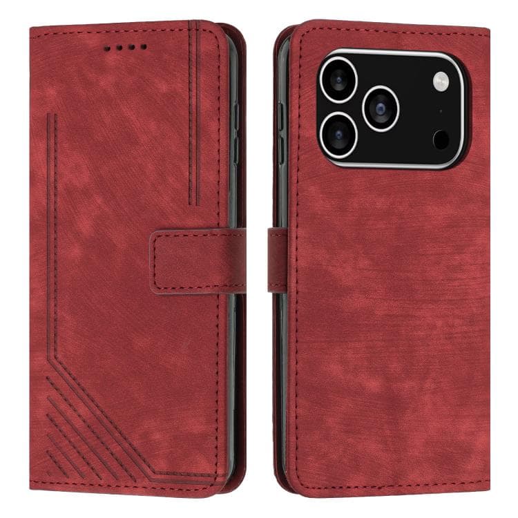 Per iPhone 17 Pro Custodia in Pelle con Motivo a Strisce e Cordino (Rosso) - Immagine 1