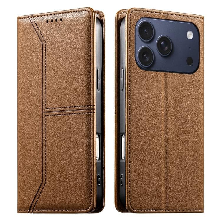 For iPhone 17 Pro Stitched Line Magnetic RFID Vegan Leather Phone Case(Brown) - Immagine 1