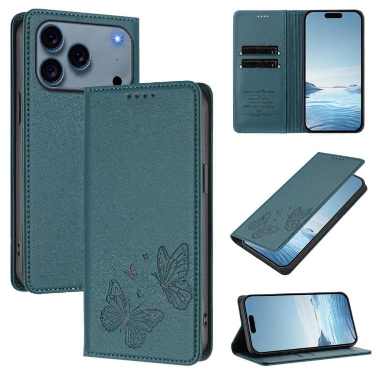 Custodia per iPhone 17 Pro con doppia farfalla magnetica e protezione RFID in pelle vegana (Verde pavone) - Immagine 1