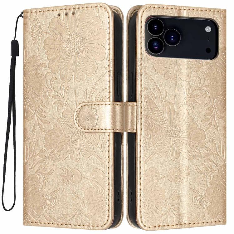 Custodia in pelle vegana con motivo a girasole per iPhone 17 Pro, con cordino nero piccolo (Oro) - Immagine 1