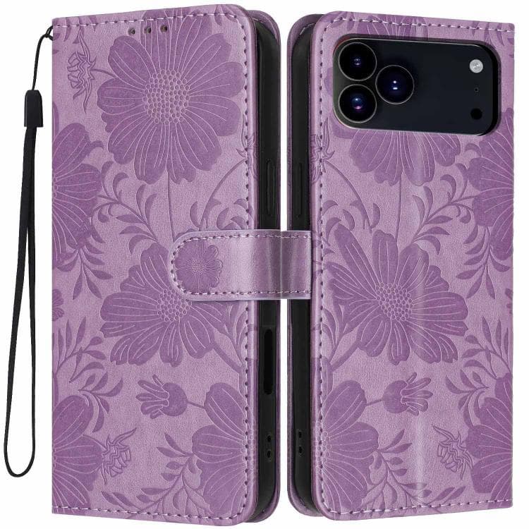 Custodia in pelle vegana con motivo a girasole per iPhone 17 Pro con cordino nero piccolo (Viola) - Immagine 1