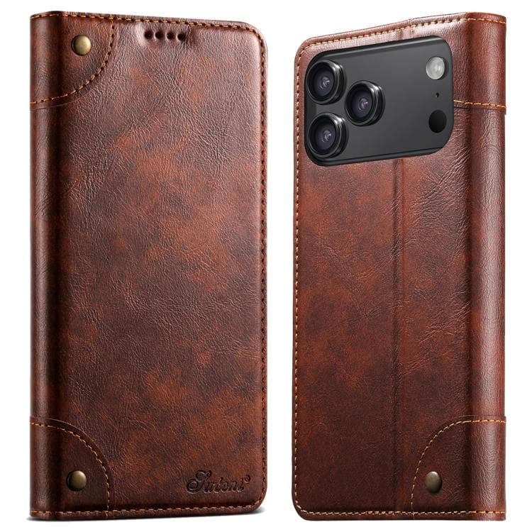 For iPhone 17 Pro Suteni Baroque Calf Texture Buckle Wallet Leather Phone Case(Khaki) - Immagine 1