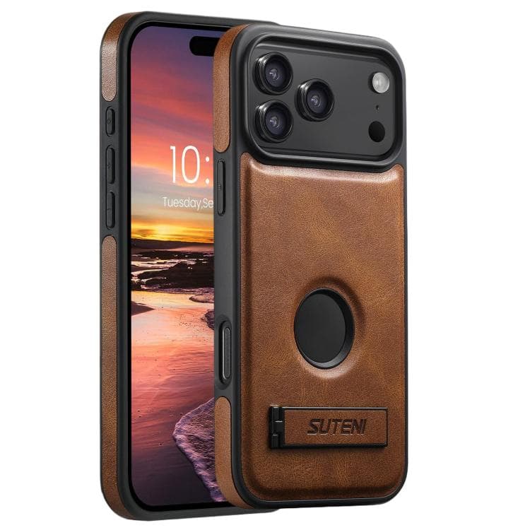 For iPhone 17 Pro Suteni G2 Magsafe Oil Wax Leather Back Phone Case with Holder(Brown) - Immagine 1