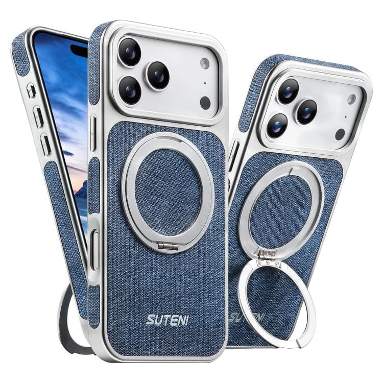 For iPhone 17 Pro Suteni G6 Denim Pattern Electroplated 360 Rotation Holder Magnetic Phone Case(Blue) - Immagine 1