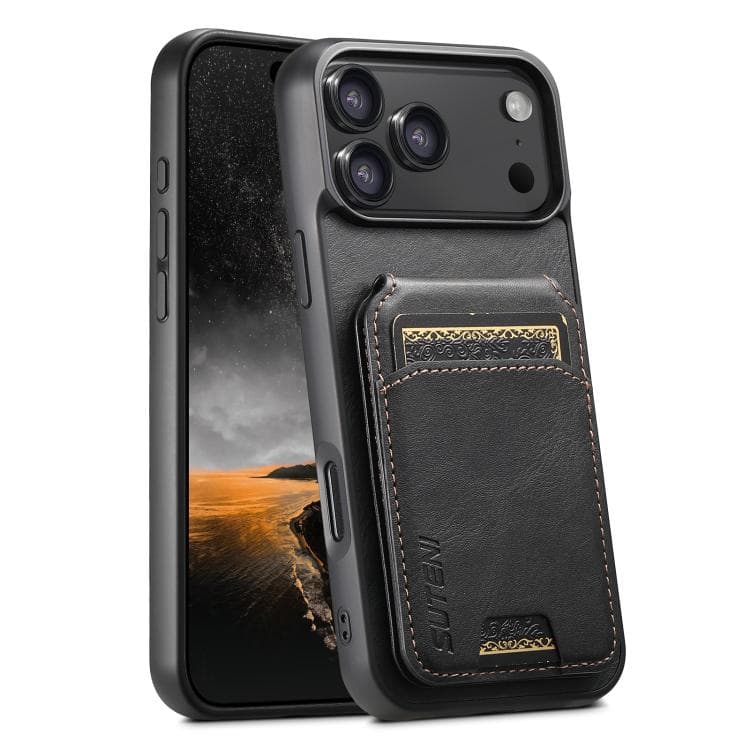 For iPhone 17 Pro Suteni H02 Leather Wallet Stand Back Phone Case(Black) - Immagine 1