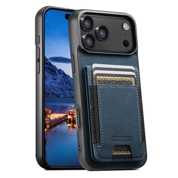 For iPhone 17 Pro Suteni H03 Litchi Leather Card Bag Stand Back Phone Case(Blue) - Immagine 1