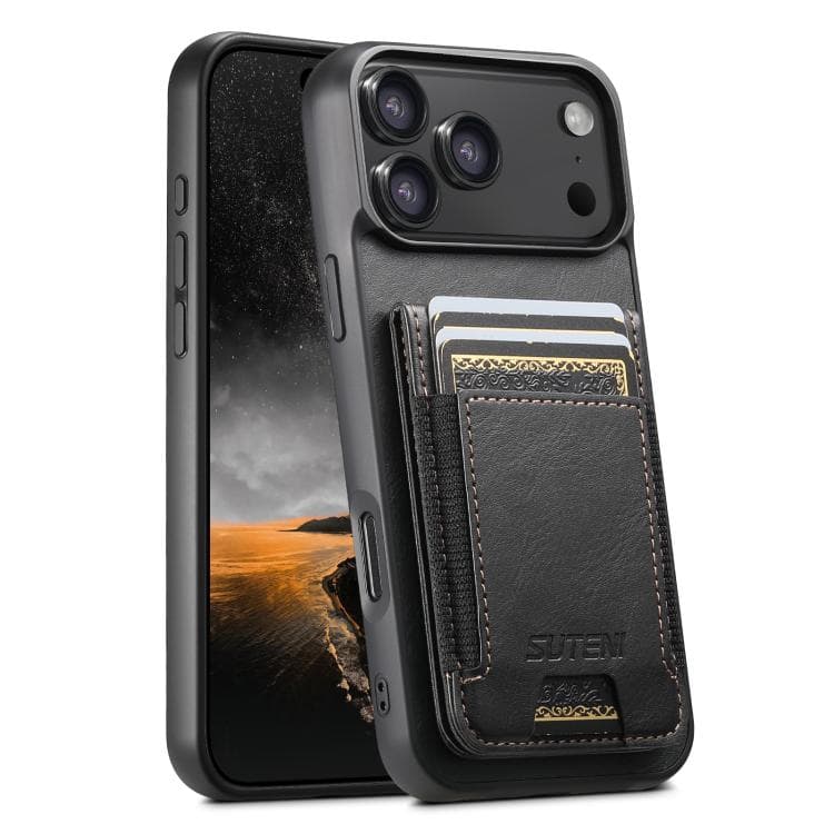 For iPhone 17 Pro Suteni H03 Oil Wax Leather Wallet Stand Back Phone Case(Black) - Immagine 1