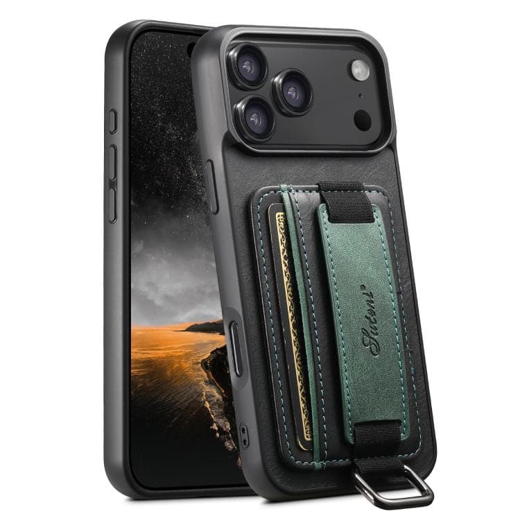 For iPhone 17 Pro Suteni H13 Card Wallet Wrist Strap Holder PU Phone Case(Black) - Immagine 1