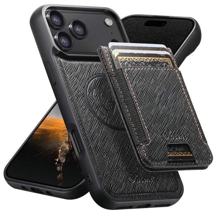 For iPhone 17 Pro Suteni H17 Cross Grain Leather MagSafe Detachable Wallet Phone Case(Black) - Immagine 1