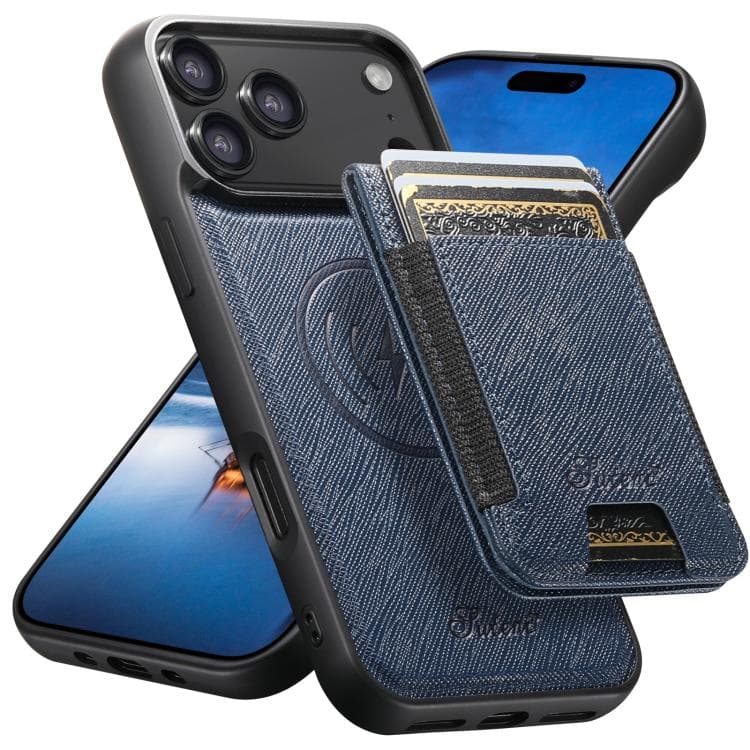 For iPhone 17 Pro Suteni H17 Cross Grain Leather MagSafe Detachable Wallet Phone Case(Blue) - Immagine 1