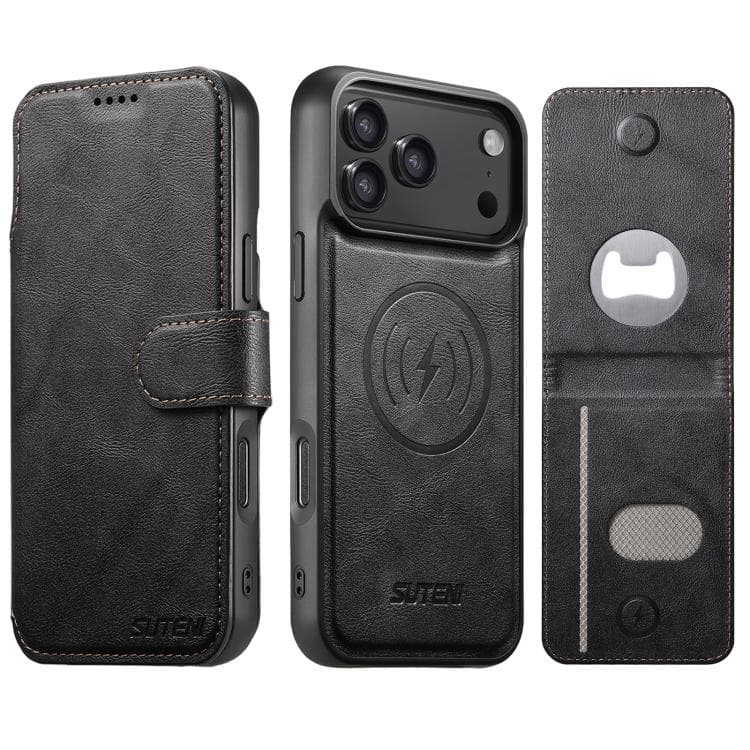 For iPhone 17 Pro Suteni Q05S5 3-in-1 Detachable Bottle Opener Card Bag Magnetic Cowhide Vegan Leather Phone Case(Black) - Immagine 1
