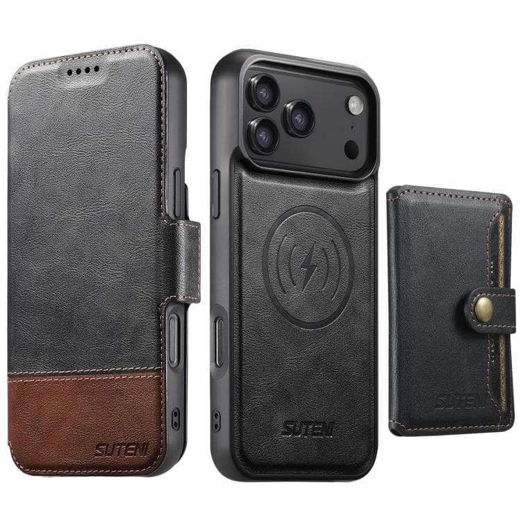 For iPhone 17 Pro Suteni Q06S1 3-in-1 Splicing Detachable Wallet MagSafe Leather Phone Case(Black) - Immagine 1