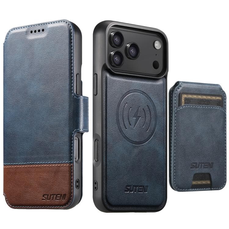For iPhone 17 Pro Suteni Q06S2 3-in-1 Detachable Vertical Flip Wallet MagSafe Splicing Leather Phone Case(Blue) - Immagine 1