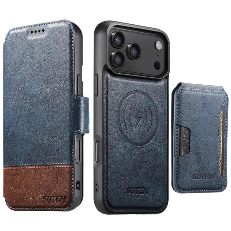 For iPhone 17 Pro Suteni Q06S3 3-in-1 Splicing Detachable Vertical Flip Wallet MagSafe Leather Phone Case(Blue) - Immagine 1