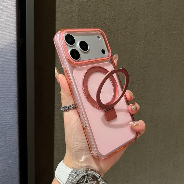 For iPhone 17 Pro Transparent Colorful Metal Ring Holder MagSafe Phone Case(Pink) - Immagine 1