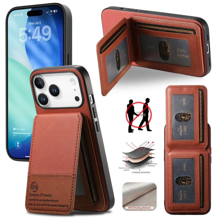 For iPhone 17 Pro Twill Fabric Leather Vertical Flip RFID Card Bag Phone Case(Brown) - Immagine 1