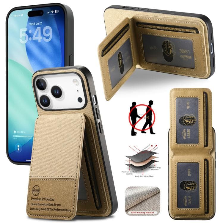For iPhone 17 Pro Twill Fabric Leather Vertical Flip RFID Card Bag Phone Case(Khaki) - Immagine 1