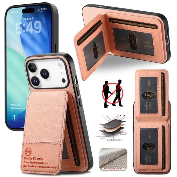 For iPhone 17 Pro Twill Fabric Leather Vertical Flip RFID Card Bag Phone Case(Pink) - Immagine 1