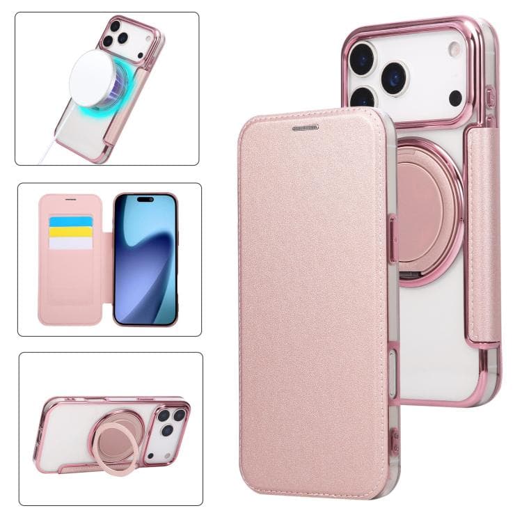 For iPhone 17 Pro Ultra-thin Rotation Holder Magnetic Plating Vegan Leather Phone Case(Rose Gold) - Immagine 1