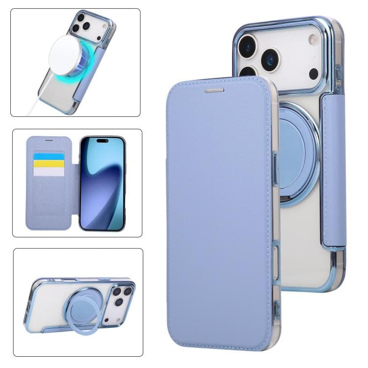 For iPhone 17 Pro Ultra-thin Rotation Holder Magnetic Plating Vegan Leather Phone Case(Sierra Blue) - Immagine 1