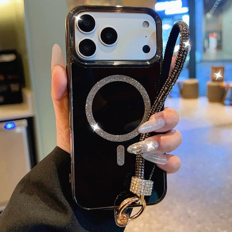 For iPhone 17 Pro UTRYEE Glitter Magnetic Ring Phone Case with Rhinestone Wrist Strap(Black) - Immagine 1