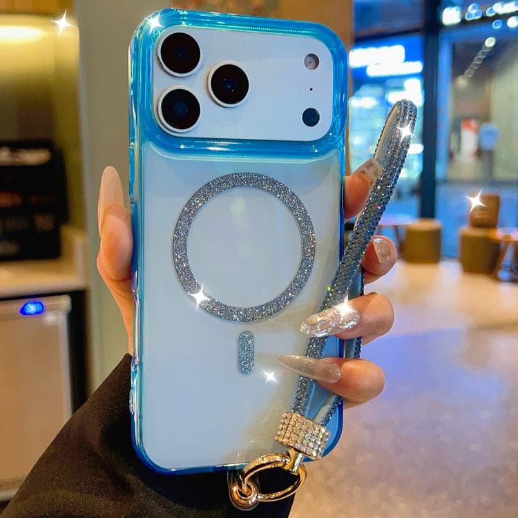 For iPhone 17 Pro UTRYEE Glitter Magnetic Ring Phone Case with Rhinestone Wrist Strap(Blue) - Immagine 1