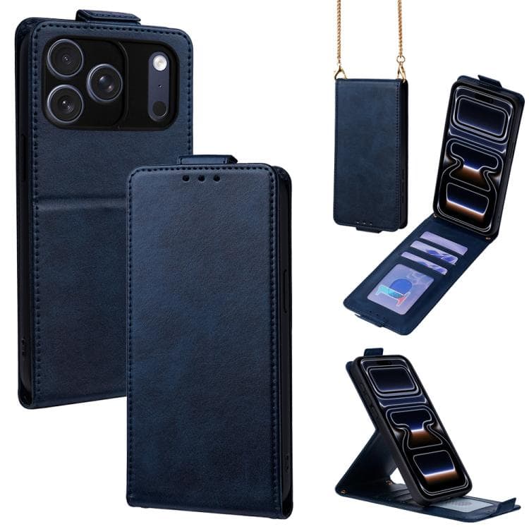 For iPhone 17 Pro Vertical Flip Cover Solid Color Vegan Leather Phone Case with Crossbody Chain(Blue) - Immagine 1