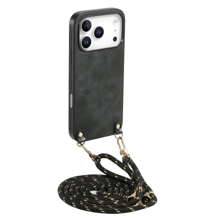 For iPhone 17 Pro Vintage Leather PC Back Cover Phone Case with Crossbody Strap(Black) - Immagine 1