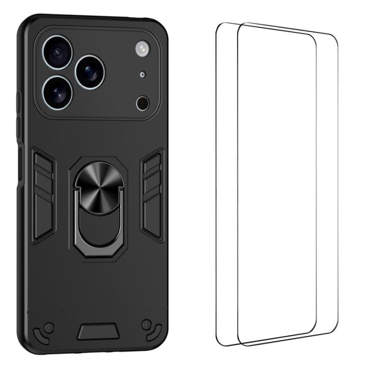 For iPhone 17 Pro WANLONFENG Armor Kickstand Shockproof Phone Case with 2pcs Screen Films(Black) - Immagine 1