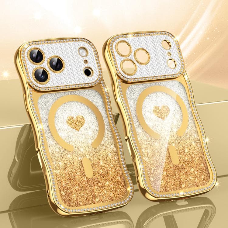 For iPhone 17 Pro Wavy Frame Star Diamond Electroplate TPU Glitter Heart Magnetic Phone Case(Gradient Gold) - Immagine 1
