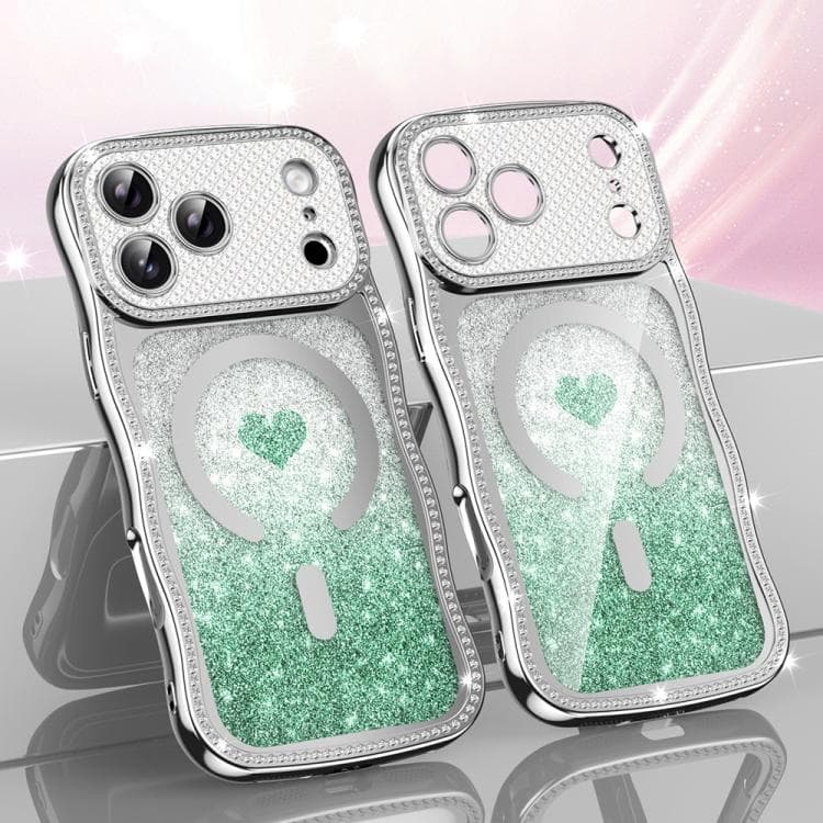 For iPhone 17 Pro Wavy Frame Star Diamond Electroplate TPU Glitter Heart Magnetic Phone Case(Gradient Green) - Immagine 1
