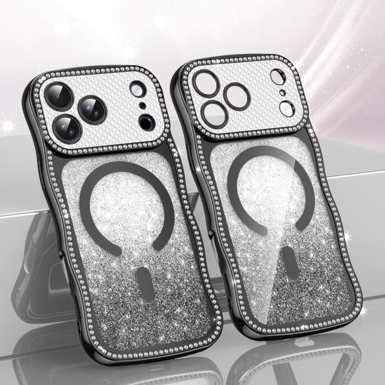 For iPhone 17 Pro Wavy Frame Star Diamond Electroplate TPU Glitter Magnetic Phone Case(Gradient Black) - Immagine 1