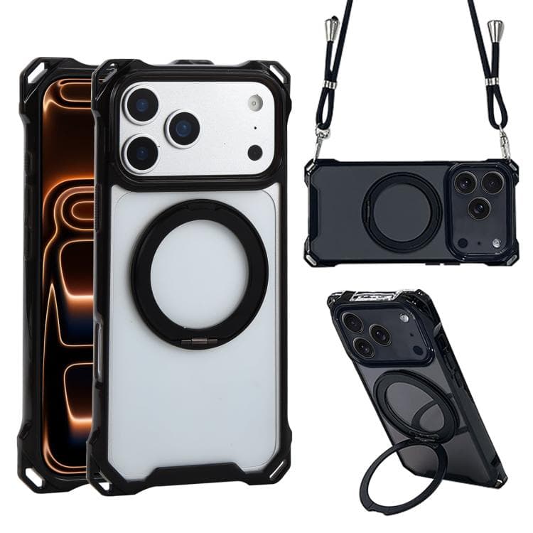 For iPhone 17 Pro XDcase Pivot Stand Four-Corner Hole Magnetic Phone Case, Lanyard Not Included(Black) - Immagine 1