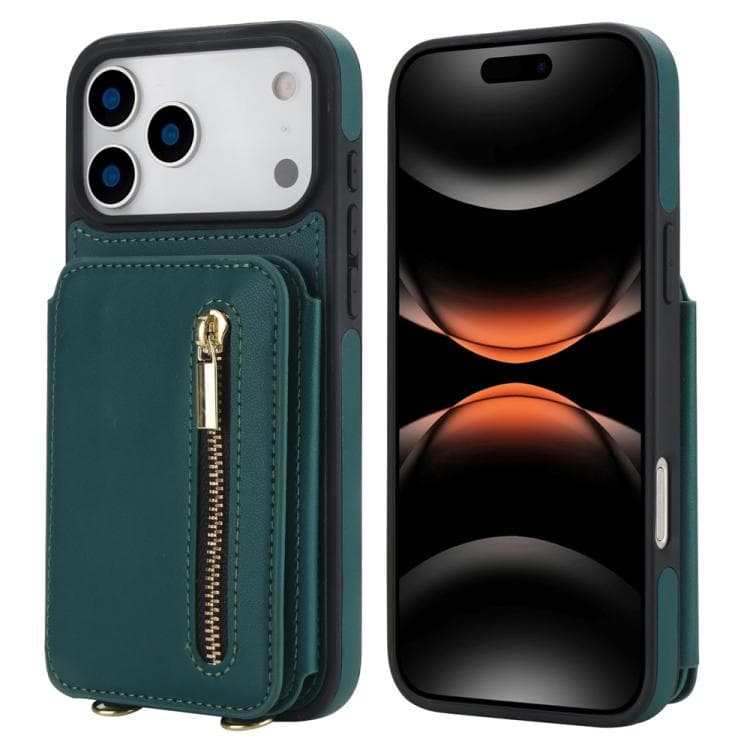For iPhone 17 Pro YM006 Skin Feel Zipper Card Bag Phone Case with Dual Lanyard(Green) - Immagine 1