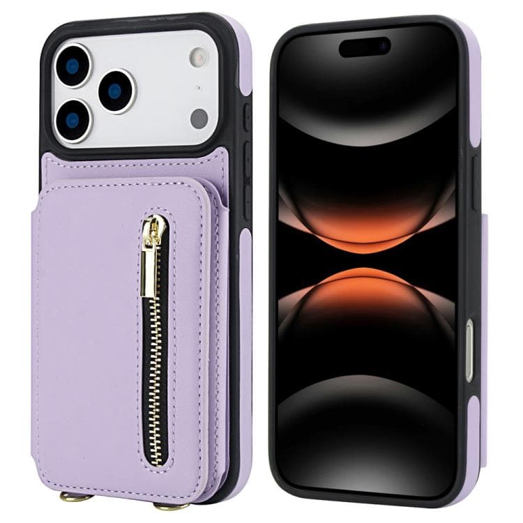 For iPhone 17 Pro YM006 Skin Feel Zipper Card Bag Phone Case with Dual Lanyard(Light Purple) - Immagine 1
