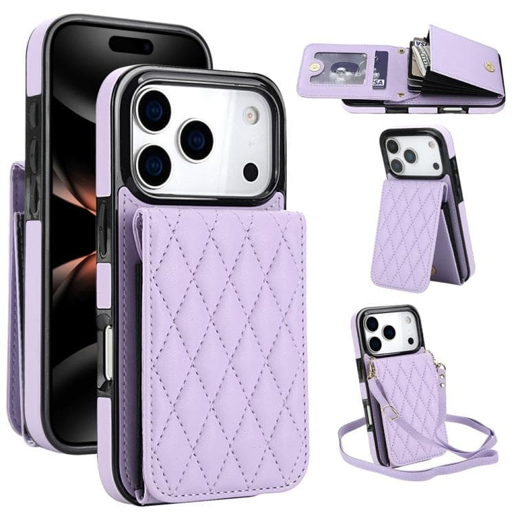 For iPhone 17 Pro YM015 Crossbody Rhombic Card Bag RFID Phone Case(Light Purple) - Immagine 1