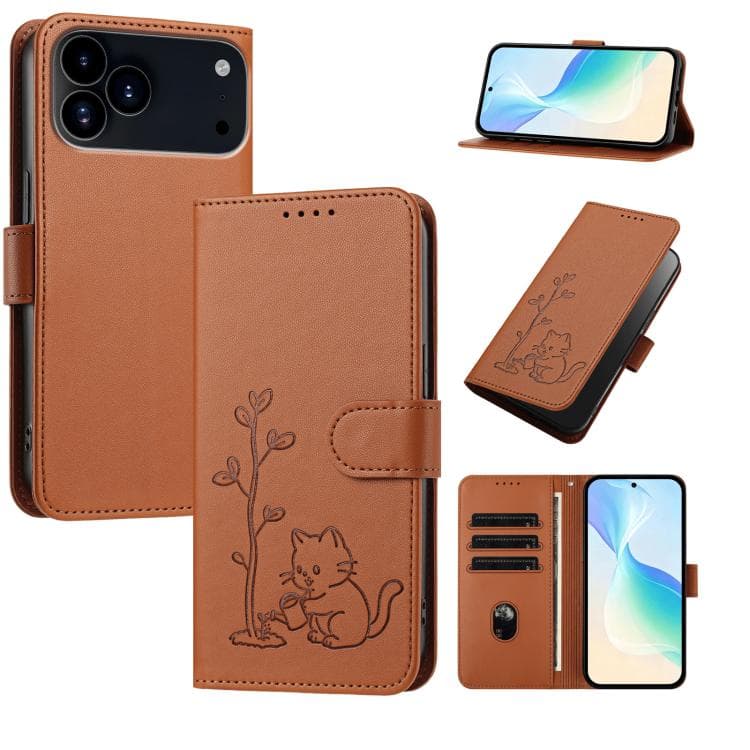 For iPhone 17 Pro YX0014 Cat Watering Tree Buckle Vegan Leather Phone Case with Lanyard(Coffee Brown) - Immagine 1