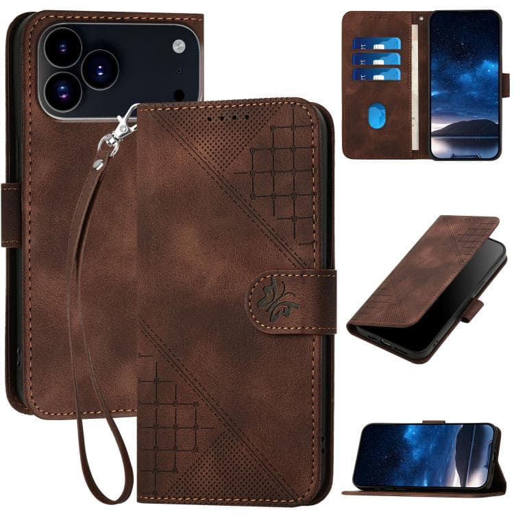 For iPhone 17 Pro YX0080 Grid Butterfly Embossed Pattern Flip Leather Phone Case with Lanyard(Coffee) - Immagine 1