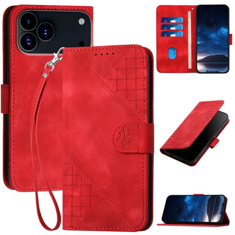 For iPhone 17 Pro YX0080 Grid Butterfly Embossed Pattern Flip Leather Phone Case with Lanyard(Red) - Immagine 1
