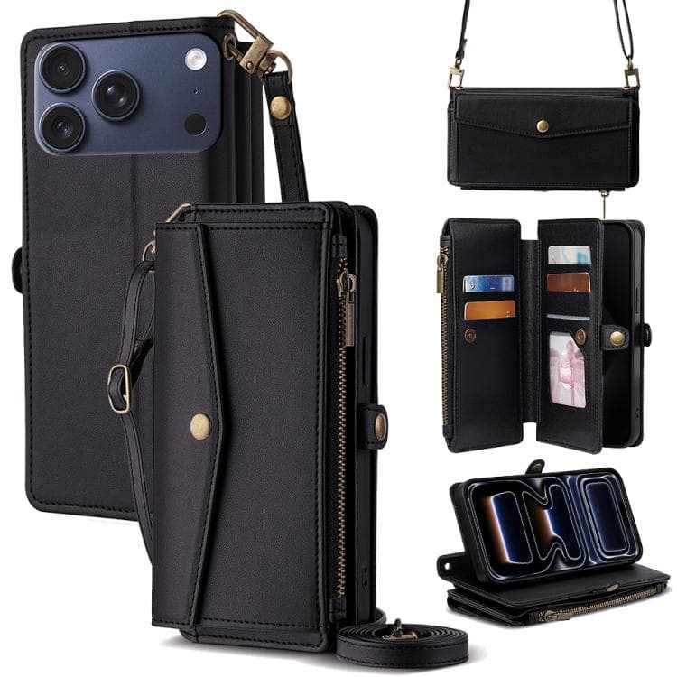 For iPhone 17 Pro Zipper Wallet Side Buckle Crossbody Lanyard Leather Phone Case(Black) - Immagine 1