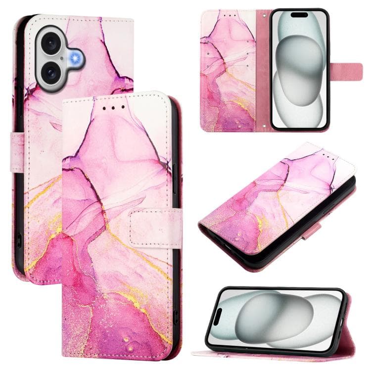 For iPhone 17 PT003 Marble Pattern Flip Leather Phone Case(Pink Purple Gold) - Immagine 1