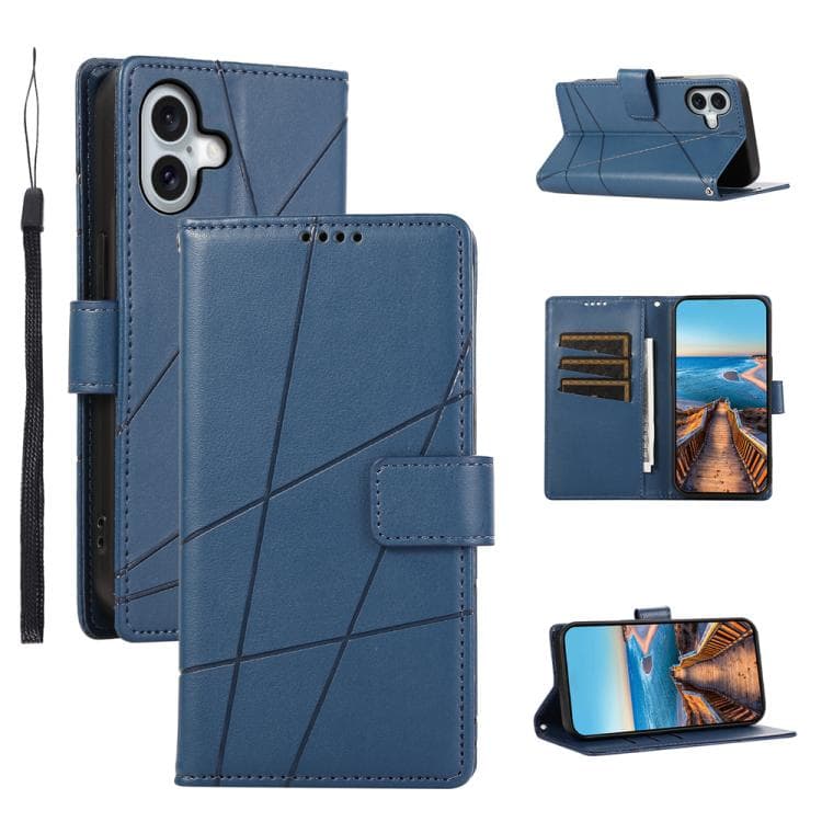 For iPhone 17 PU Genuine Leather Texture Embossed Line Phone Case(Blue) - Immagine 1