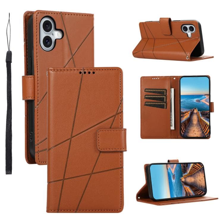 For iPhone 17 PU Genuine Leather Texture Embossed Line Phone Case(Brown) - Immagine 1