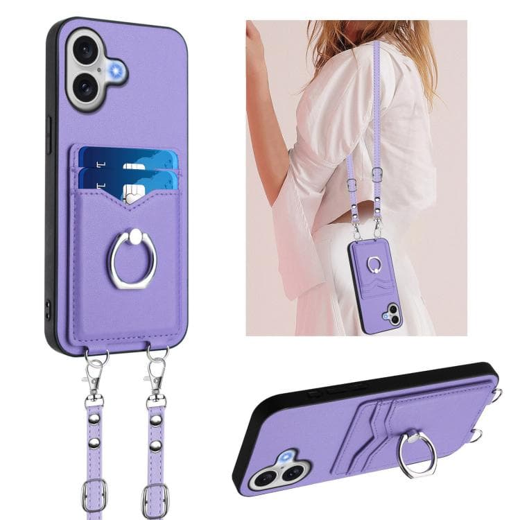 For iPhone 17 R20 Crossbody Rope Ring Card Holder Phone Case(Purple) - Immagine 1