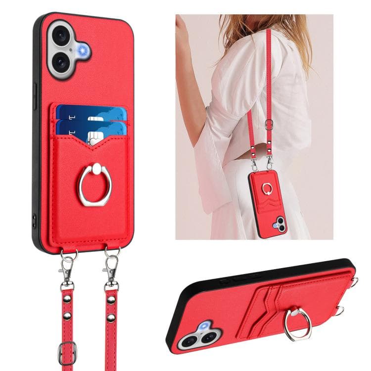 For iPhone 17 R20 Crossbody Rope Ring Card Holder Phone Case(Red) - Immagine 1