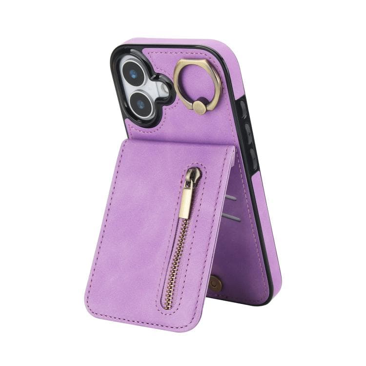 For iPhone 17 Retro Ring and Zipper RFID Card Slot Phone Case(Purple) - Immagine 1