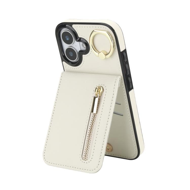 For iPhone 17 Retro Ring and Zipper RFID Card Slot Phone Case(White) - Immagine 1